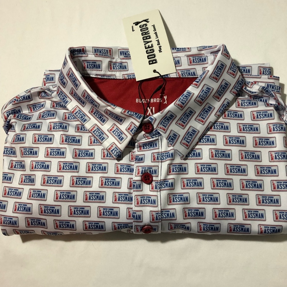 NWT Bogeybros XL a**man license plate performance polo Seinfeld Kramer white - Picture 9 of 9